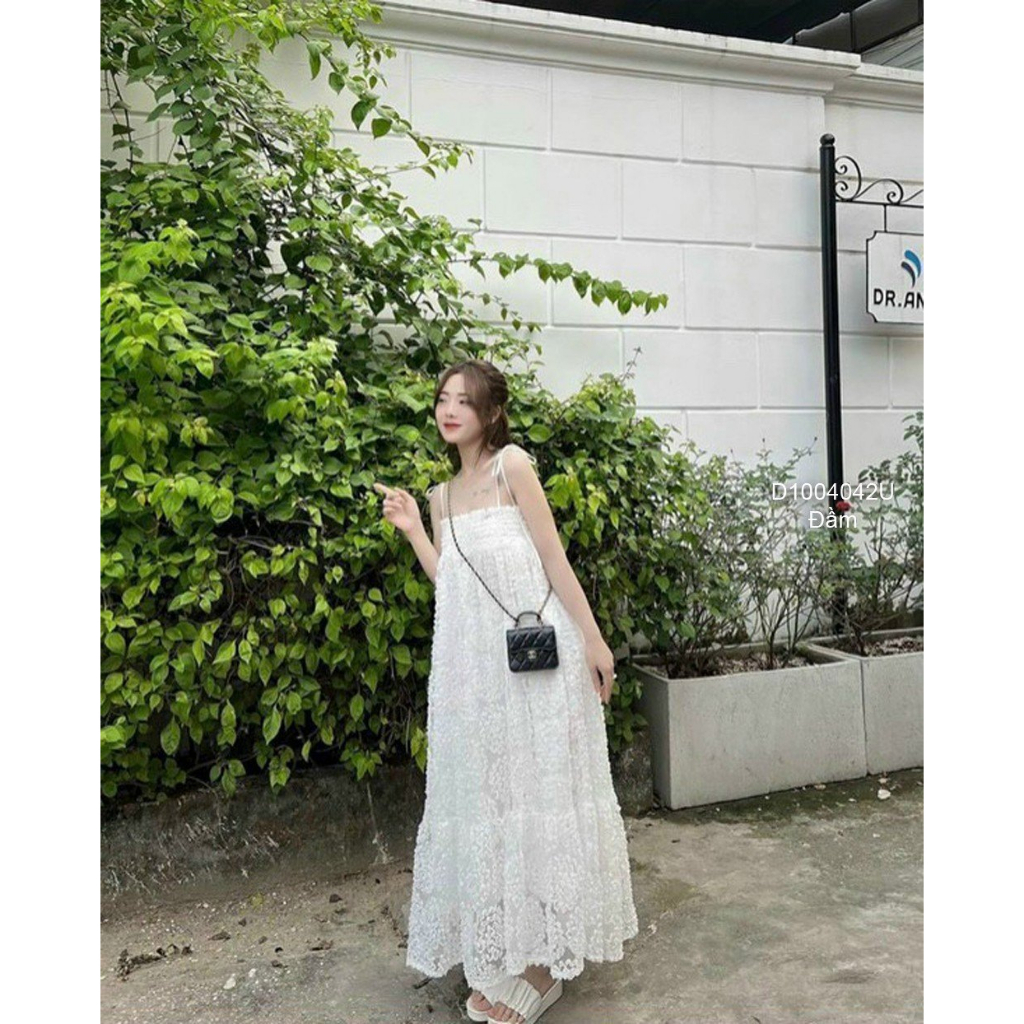 Đầm ren maxi 2 dây cột nơ kiểu nhúm ngực hàng đẹp!