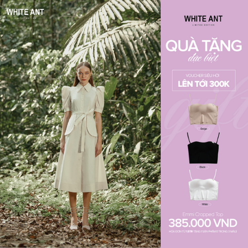 Váy Midi Vai Bồng, Túi To Hai Bên Trần Chám, Eo Có Dây Đai Buộc, Nẹp Giữa Cài Cúc Nữ White Ant JOES PUFF SLEEVE MIDI