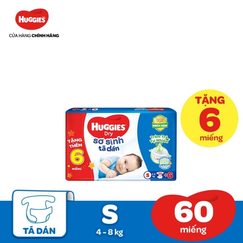 Combo 2 Bịch Tã dán Sơ Sinh Huggies S54 +6 Miếng (4-8kg) Mẫu Mới