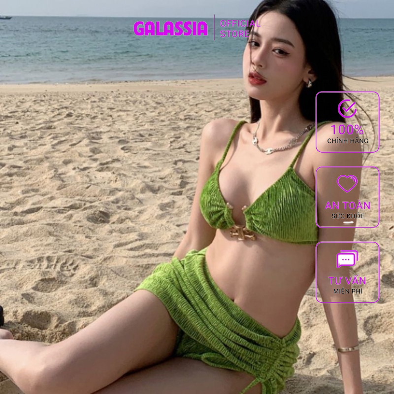 Bộ đồ bơi 3 mảnh bikini có viền kim loại váy màu trơn phối rút dây gợi cảm đi biển mùa hè sexy quyến rũ GALASSIA