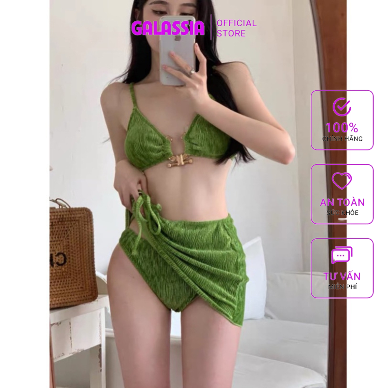 Bộ đồ bơi 3 mảnh bikini có viền kim loại váy màu trơn phối rút dây gợi cảm đi biển mùa hè sexy quyến rũ GALASSIA