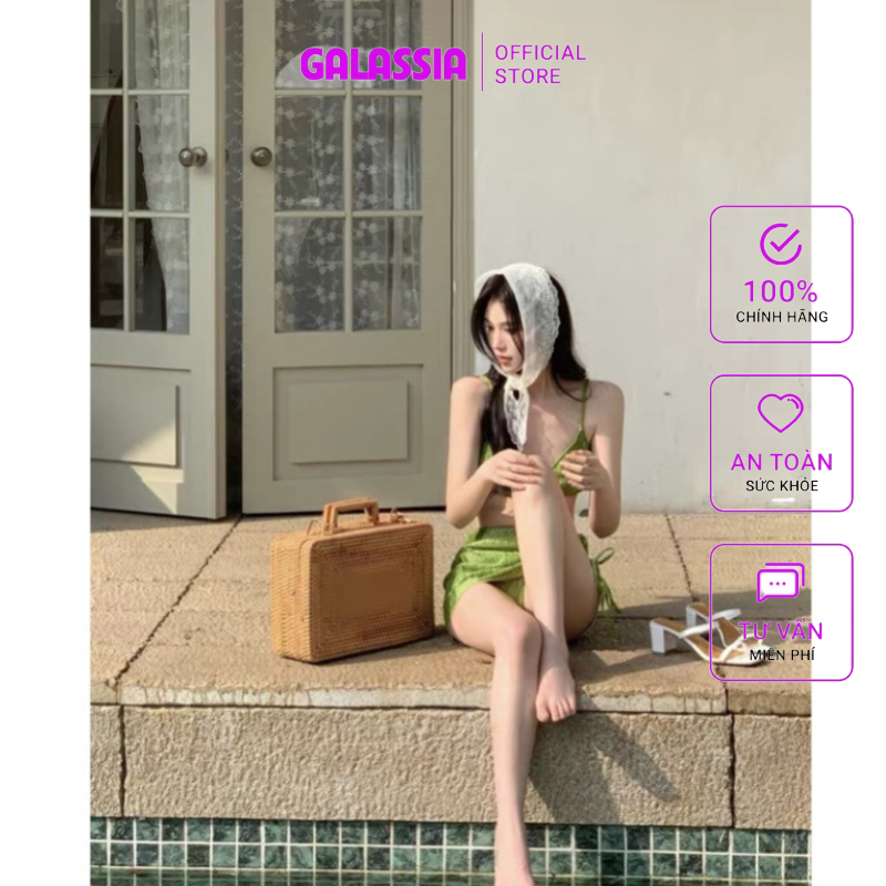 Bộ đồ bơi 3 mảnh bikini có viền kim loại váy màu trơn phối rút dây gợi cảm đi biển mùa hè sexy quyến rũ GALASSIA