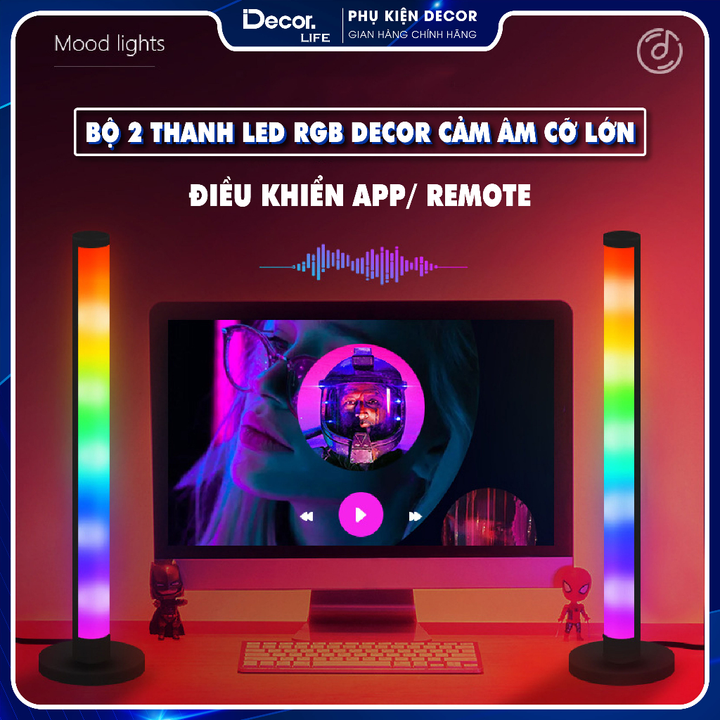 Bộ 2 Thanh Đèn LED RGB Cảm Biến Âm Thanh 16 Triệu Màu Cao 50cm, Nháy Theo Nhịp Điệu Nhạc, Tích Hợp Điều Khiển Thông Minh