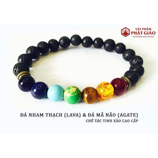 Vòng tay phong thủy đá núi lửa thất châu tinh, size 8mm - lá bối