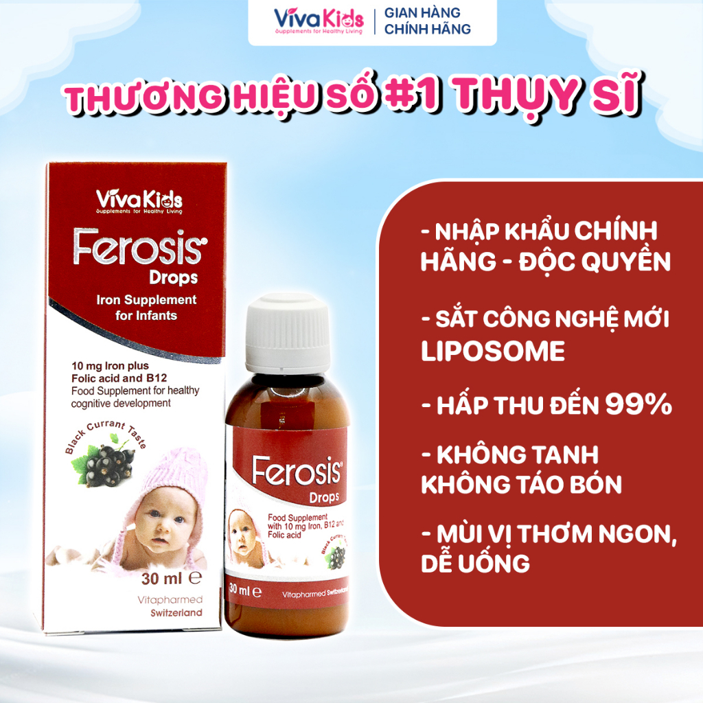 Sắt công nghệ mới Liposome VivaKids Ferosis 30ml mùi vị thơm ngon cho trẻ từ 6 tháng tuổi