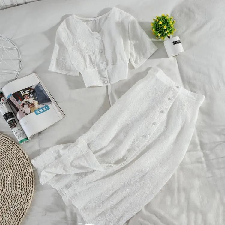 Set váy nữ chân váy chữ A áo croptop chất đũi xốp sang chảnh tôn dáng siêu dễ thương