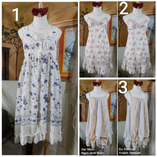 |2hand| Đầm ngủ 2 dây nhật phối ren họa tiết hoa xinh xắn