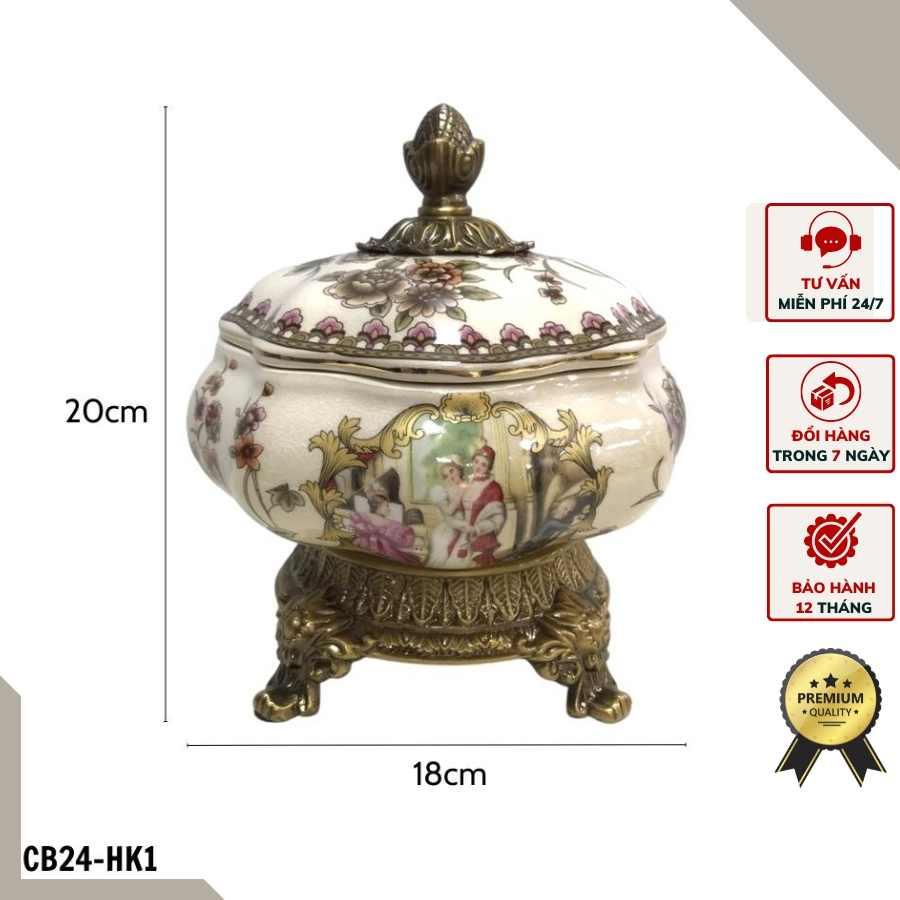 Hũ kẹo kiểu dáng hình bông hoa mang phong cách Châu Âu CB24-HK1 - Chất liệu men sứ rạn và hợp kim mạ đồng.