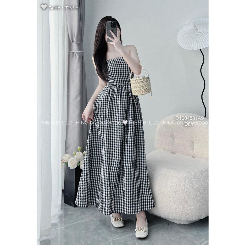 Đầm caro kiểu dáng dài xòe cúp ngực nhúm lưng!