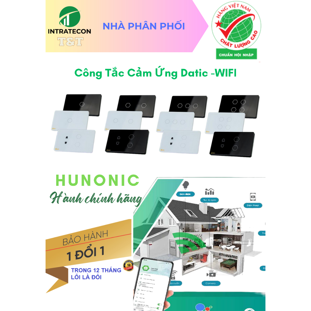 Công tắc cảm ứng Hunonic Datic 1 nút kết nối Wifi điều khiển mọi thiết bị từ xa qua điện thoại, công tắc điện