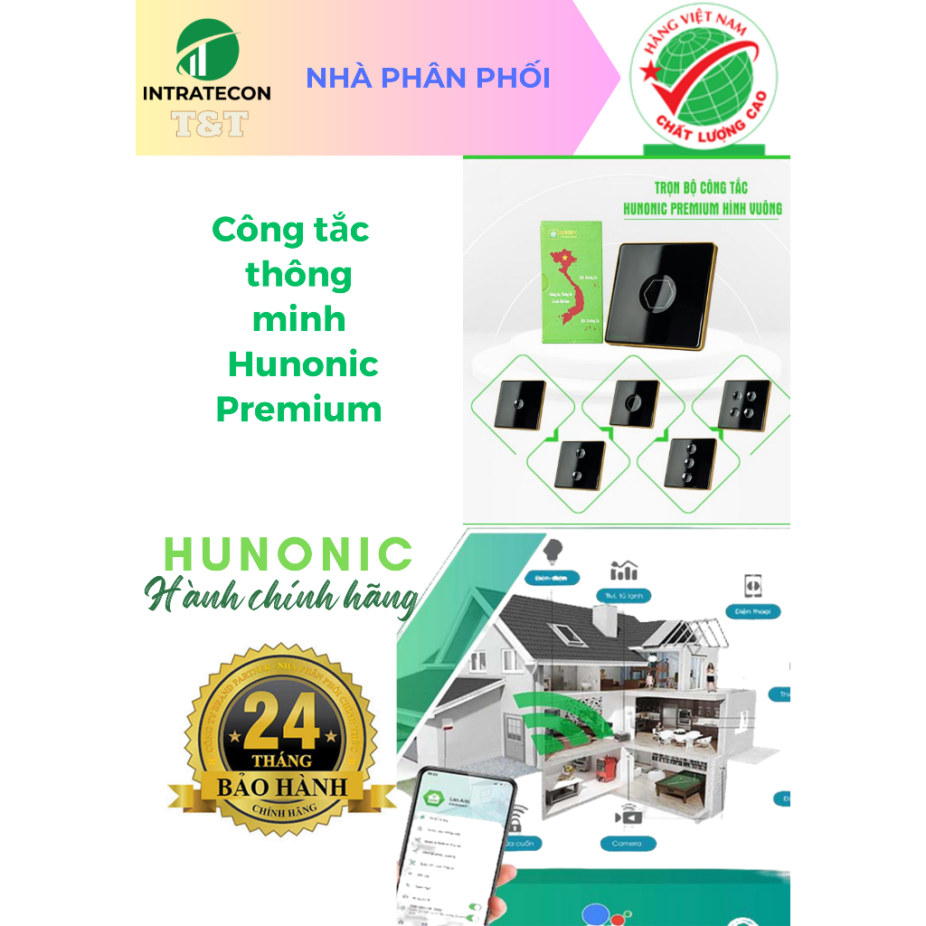 Công Tắc Cảm Ứng Hunonic Wifi Mặt Vuông, Điều Khiển Mọi Thiết Bị Từ Xa Qua Điện Thoại Và Giọng Nói