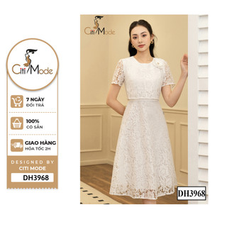Đầm công sở CITI MODE FASHION thiết kế dáng xoè ren trắng đính hoa ngực  DH3968
