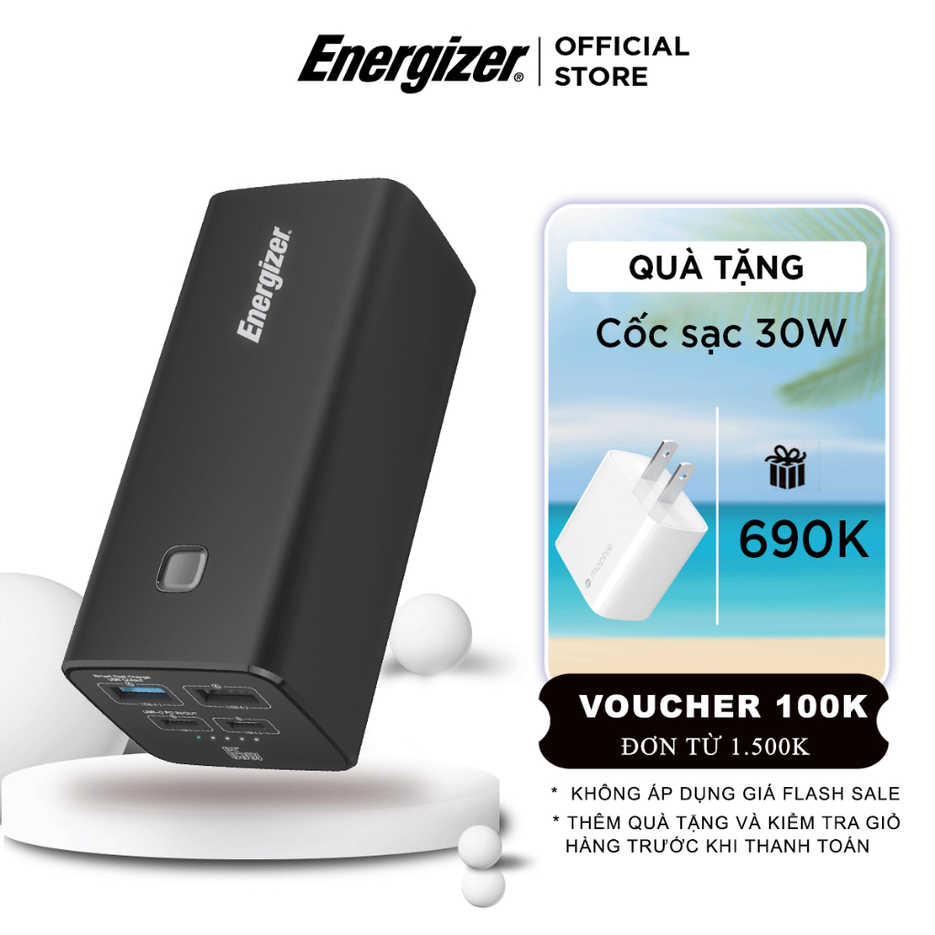 Sạc dự phòng Energizer 20000mAh XP20004PD - tích hợp 4 cổng sạc, công suất sạc lên đến 65W - Hàng chính hãng