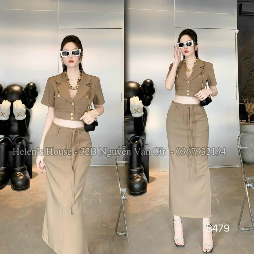 Set quần áo nữ, bộ đồ nữ đẹp thanh lịch, áo croptop kèm chân váy kaki cực sang chảnh
