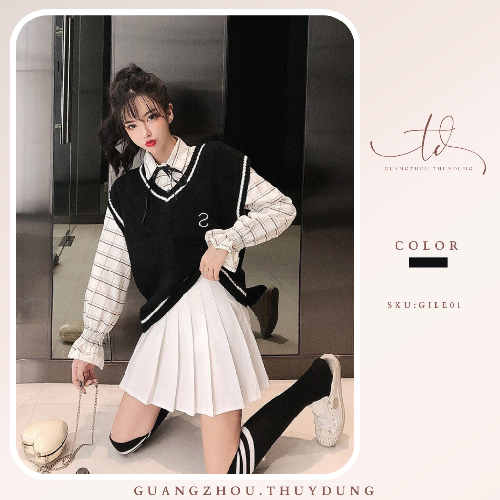 Áo gile len nữ dệt kim cổ V phối viền trắng thêu chữ S from rộng style học sinh Hàn Quốc Guangzhou.Thuydung(Len hè mỏng)