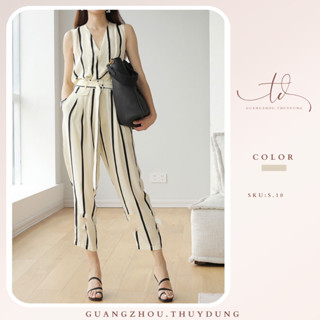 Sét bộ Jumpsuit nữ cổ V kẻ sọc ống rộng đồ liền thân dáng dài kèm đai ôm eo tôn dáng sang chảnh Guangzhou.Thuydung