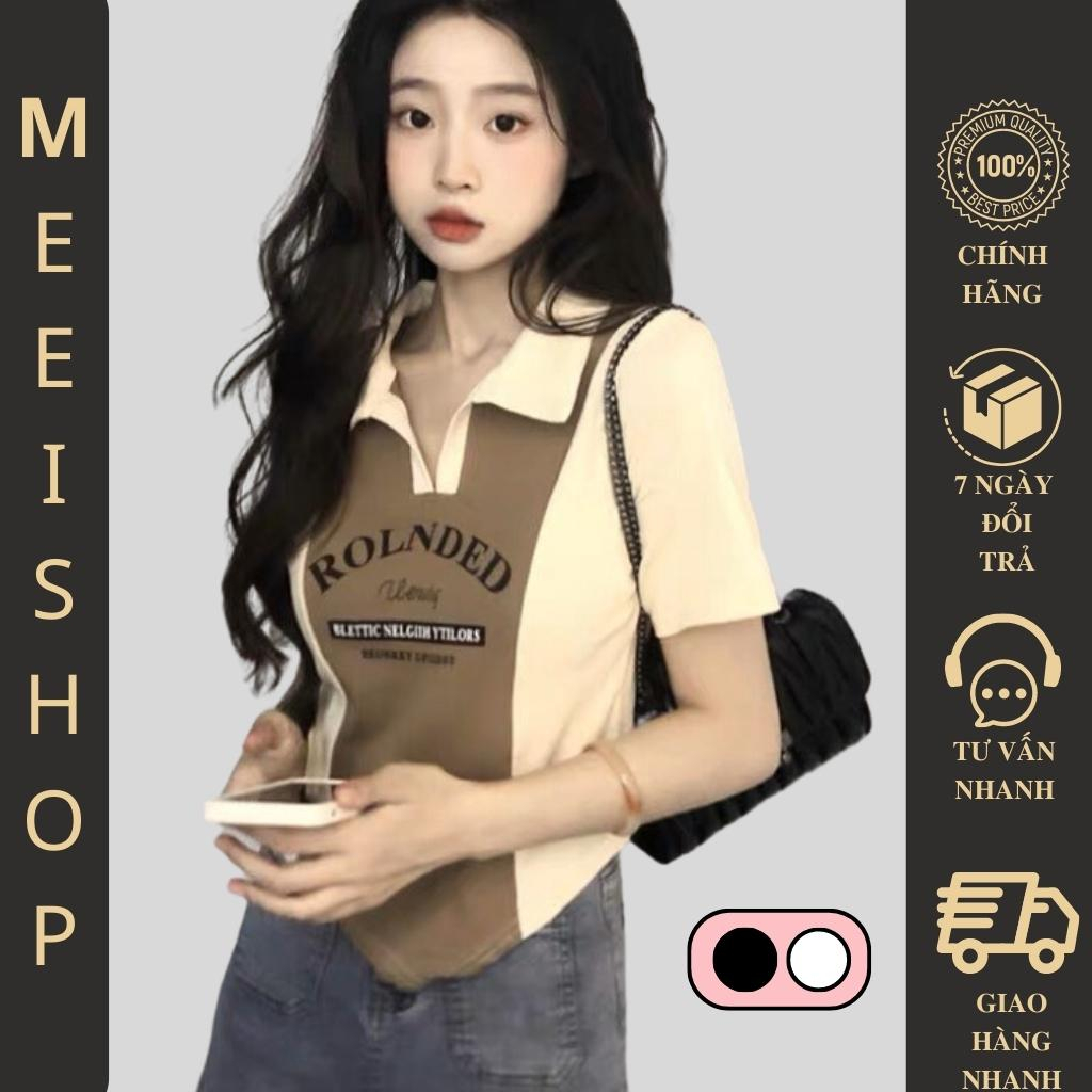 Áo croptop nữ ngắn tay cổ sơ mi, vạt nhọn kèm chữ Rolnded,Áo kiểu nữ ôm body cá tính phong cách hàn quốc (A29)