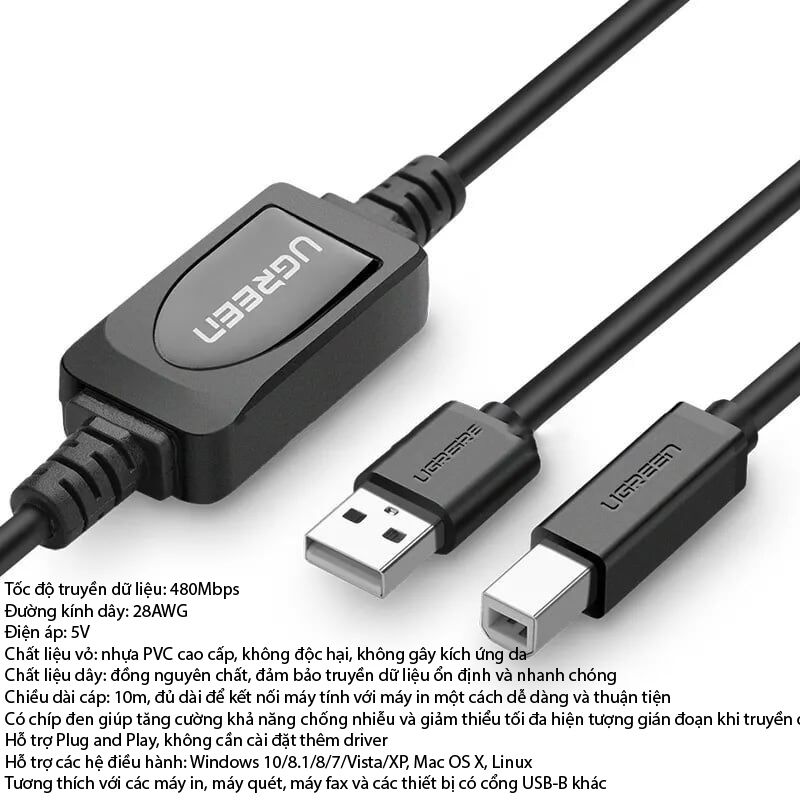 Usb máy in có chíp đen dài 10m ugreen 10374