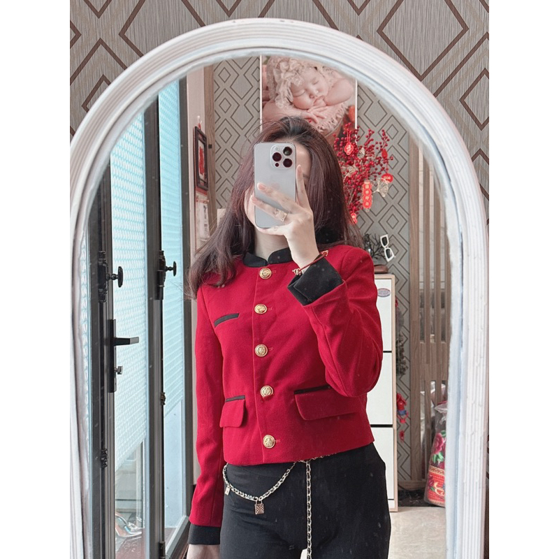 ẢNH THẬT Pass dạ tweed đỏ kèm chân váy sz S