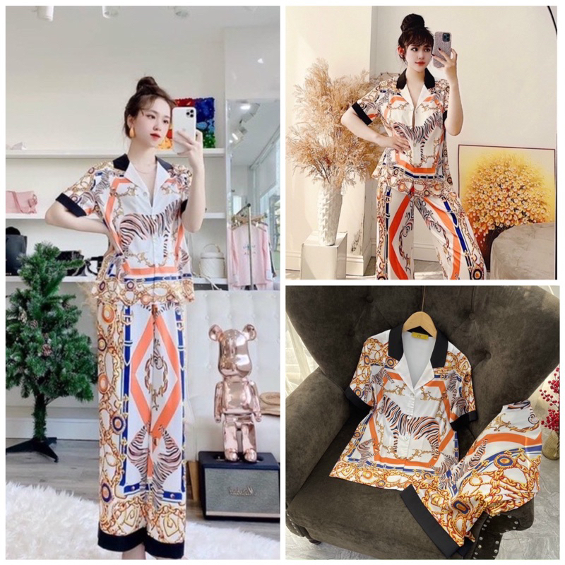 BỘ PIJAMA LỤA TAY NGẮN QUẢNG CHÂU CAO CẤP VẰN CAM