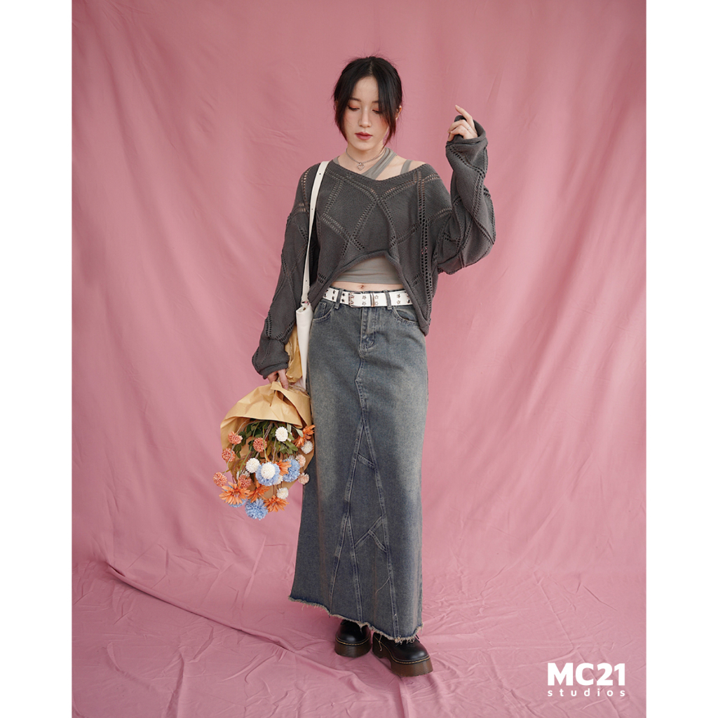 Chân váy jeans dài dáng suông MINIONCLOTHING lưng cạp cao bigsize Ulzzang Streetwear Hàn Quốc chất bò dày dặn V3503