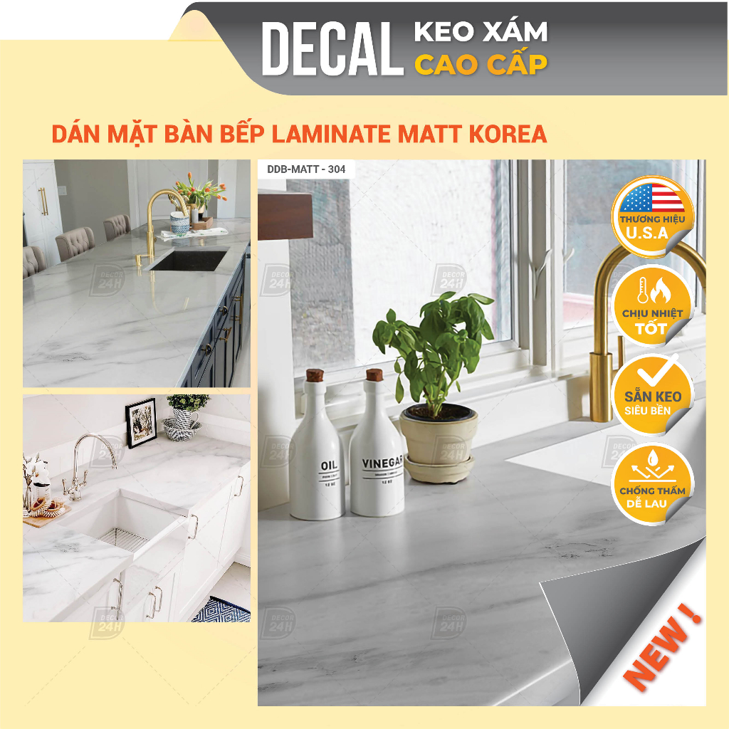 Giấy dán bàn bếp vân đá loại dày dặn, decal dán mặt đá bếp cao cấp chống thấm nước khổ lớn 120cm Decor24h DDB-304