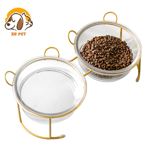 Bát Ăn Đôi Thuỷ Tinh Khung Sắt Tai Gấu Cho Chó Mèo Đế Nghiêng Chống Gù