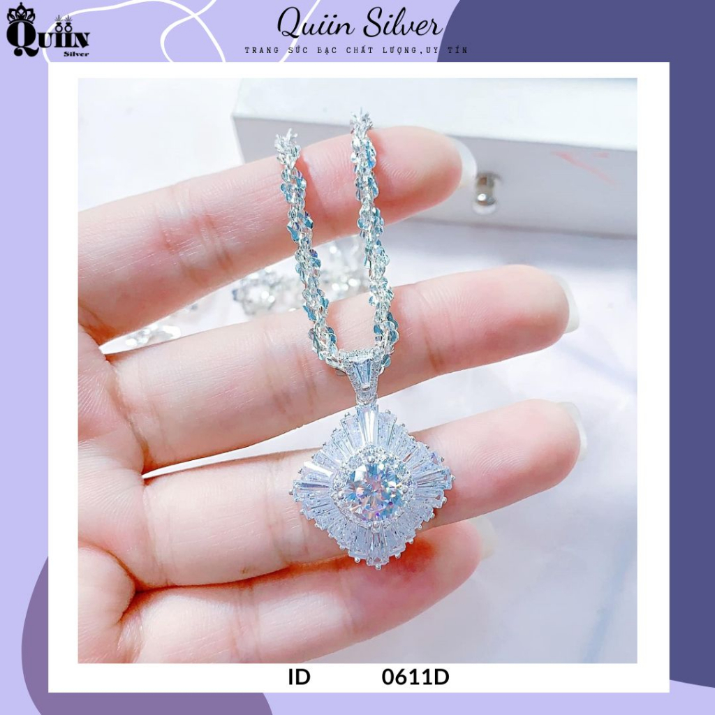 Dây chuyền/Vòng cổ bạc ta, bạc S925 Quiin - Mặt hình vuông full đá dành cho nữ 0611D