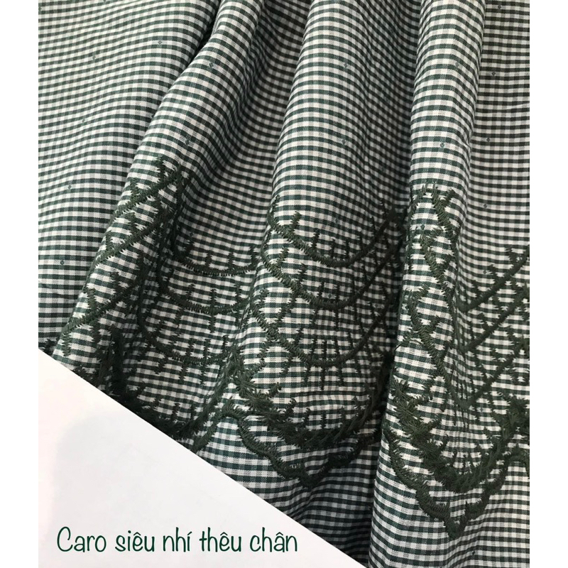 Vải Thô Cotton Caro Xanh Trắng Thêu Chân - Khổ 1,45m