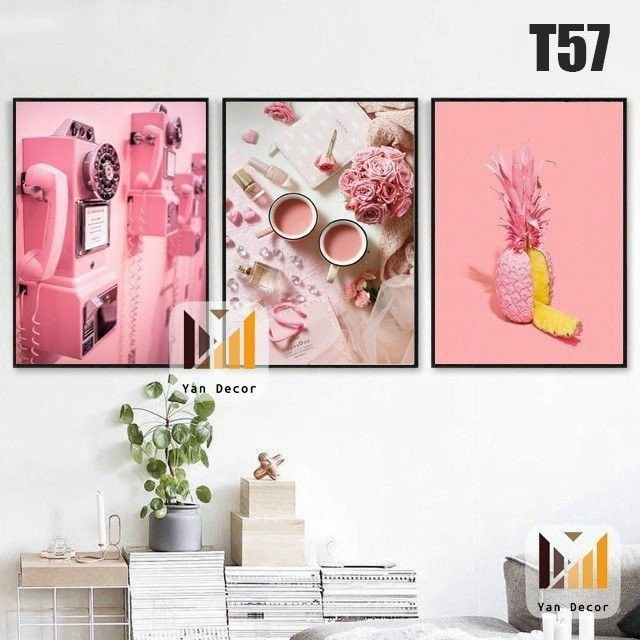 Bộ 3 bức tranh treo tường tone màu hồng,trang trí decor T57