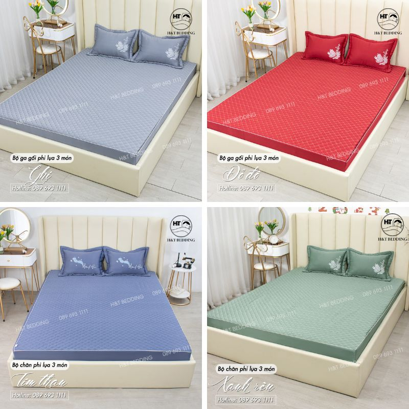 Bộ Set chăn ga gối Phi Lụa cao cấp 3 món ga + 2 vỏ gối đầu mềm,mịn, nhẹ ,thấm hút mồ hôi tốt H&T BEDDING