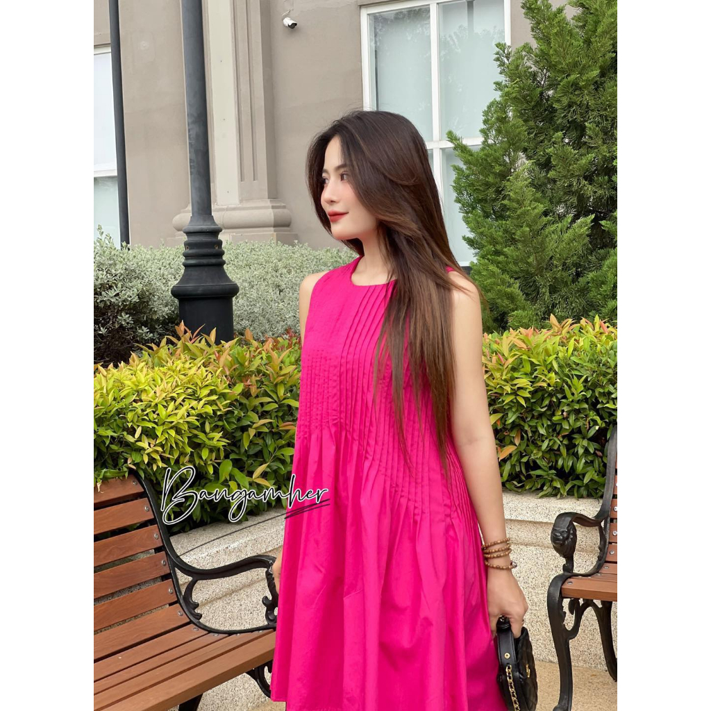 Đầm nữ dáng suông dài màu hồng cổ xếp li vải kate cao cấp phong cách thời trang sang trọng – AMBER