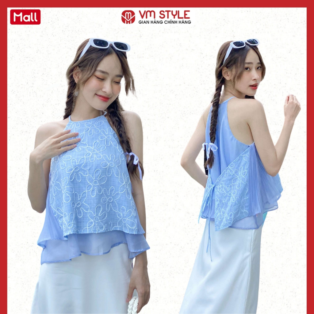 Áo kiểu nữ VMSTYLE đi biển cổ yếm xếp ly sườn 2 tầng họa tiết hoa thời trang mùa hè 08695 - ASU00374