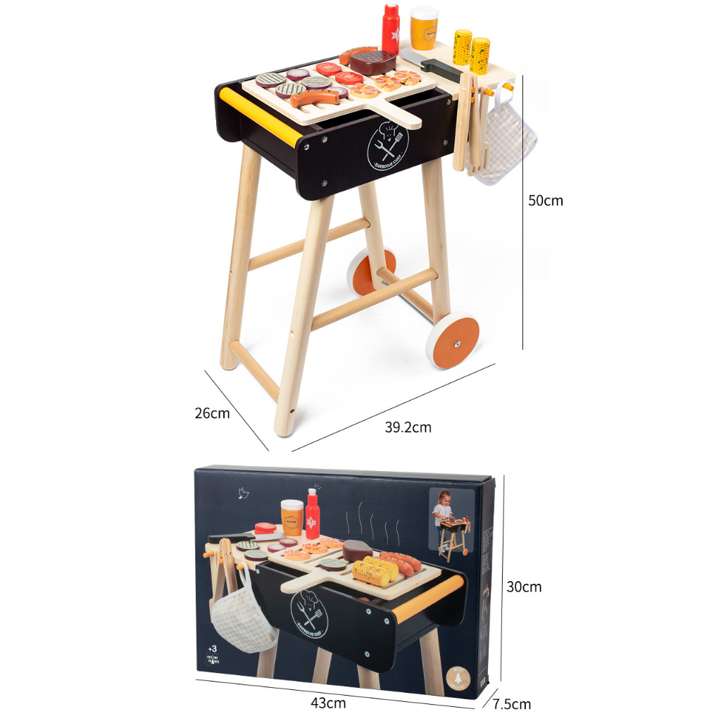 Bộ đồ chơi nấu ăn bếp nướng BBQ ngoài trời bằng gỗ có bánh xe, đồ chơi mô phỏng nhà bếp dành cho bé từ 2 tuổi