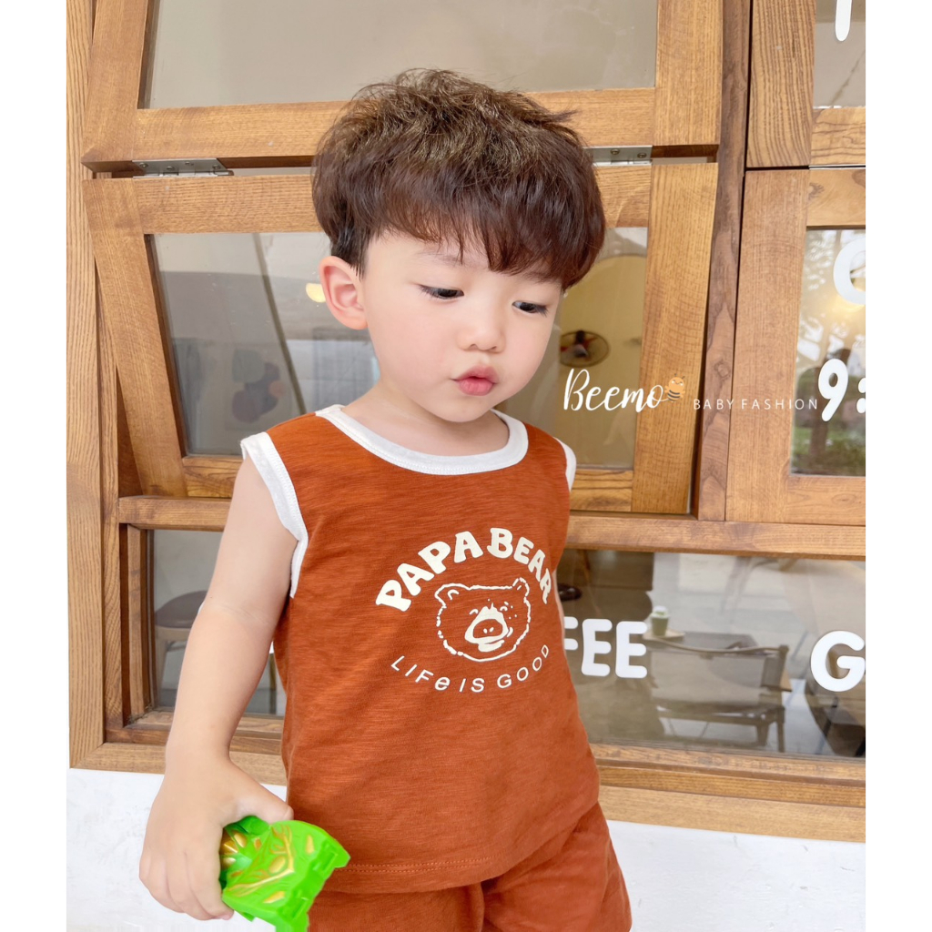 Set bộ cộc tay ba lỗ Beemo cho bé trai PapaBear vải cotton mát mẻ, thấm hút mồ hôi mặc hè cho bé từ 1 - 7 tuổi 23105B