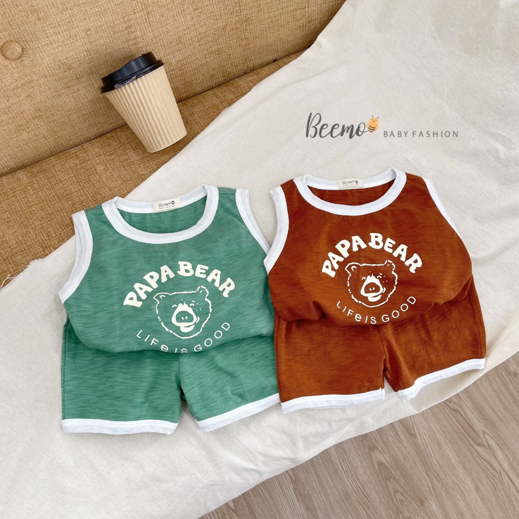 Set bộ cộc tay ba lỗ Beemo cho bé trai PapaBear vải cotton mát mẻ, thấm hút mồ hôi mặc hè cho bé từ 1 - 7 tuổi 23105B