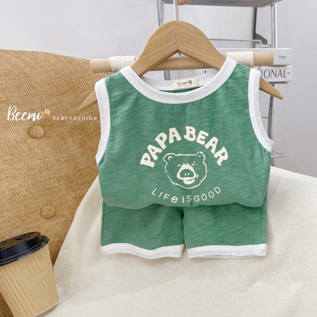 Set bộ cộc tay ba lỗ Beemo cho bé trai PapaBear vải cotton mát mẻ, thấm hút mồ hôi mặc hè cho bé từ 1 - 7 tuổi 23105B