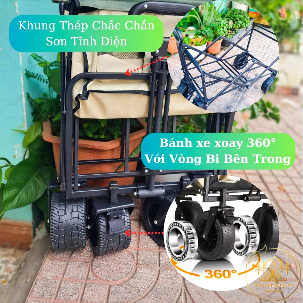 Xe kéo dã ngoại gấp gọn, xe đựng đồ bánh lớn cho du lịch, cắm trại dã ngoại Camping VietNam