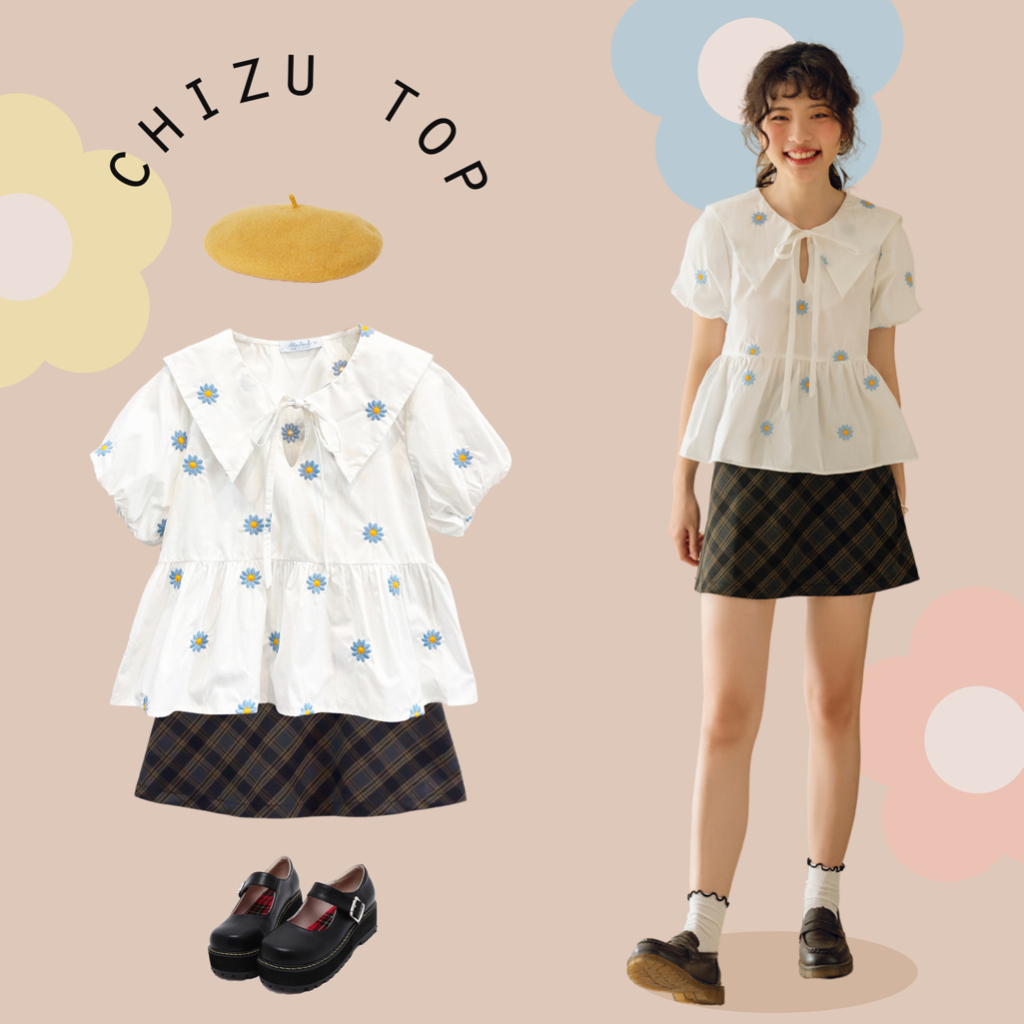 BLEUBIRD Áo dáng xòe cổ thủy thủ vải thô thêu hoa Chizu Top