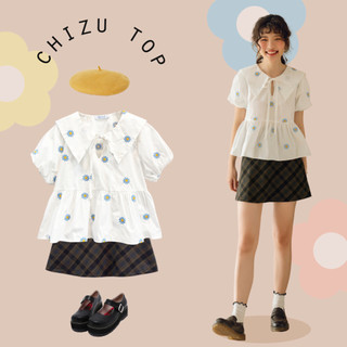 BLEUBIRD Áo dáng xòe cổ thủy thủ vải thô thêu hoa Chizu Top