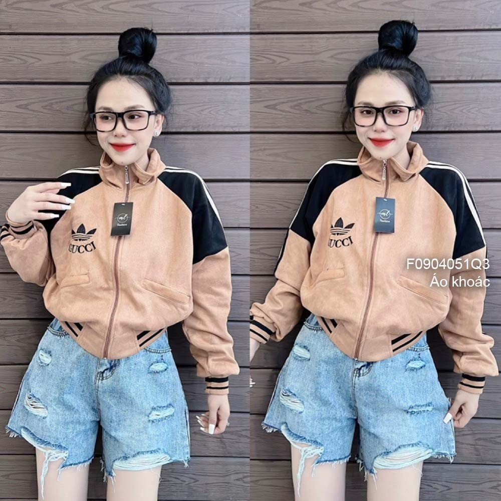 Áo khoác da lộn phối dây kéo khóa phối màu tay dài bo chạy viền sọc hàng đẹp!