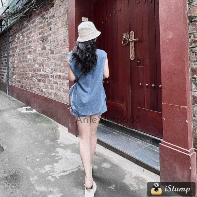 Set sơ mi jean nữ tsát nách dáng dài rộng chữ màu siêu đẹp ,bộ áo bò túi lật ngược ,chất bò dày dặn bao đẹp .ANIESHOP688