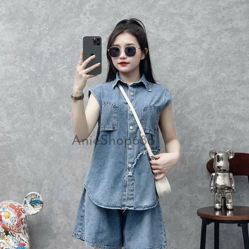 Set sơ mi jean nữ tsát nách dáng dài rộng chữ màu siêu đẹp ,bộ áo bò túi lật ngược ,chất bò dày dặn bao đẹp .ANIESHOP688
