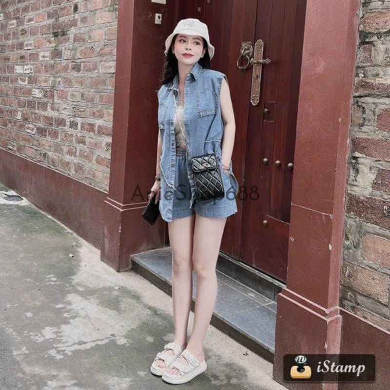 Set sơ mi jean nữ tsát nách dáng dài rộng chữ màu siêu đẹp ,bộ áo bò túi lật ngược ,chất bò dày dặn bao đẹp .ANIESHOP688