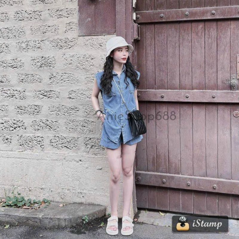 Set sơ mi jean nữ tsát nách dáng dài rộng chữ màu siêu đẹp ,bộ áo bò túi lật ngược ,chất bò dày dặn bao đẹp .ANIESHOP688