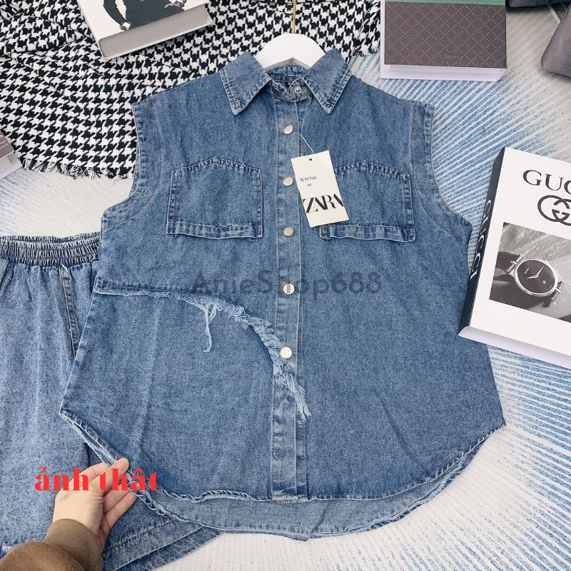 Set sơ mi jean nữ tsát nách dáng dài rộng chữ màu siêu đẹp ,bộ áo bò túi lật ngược ,chất bò dày dặn bao đẹp .ANIESHOP688