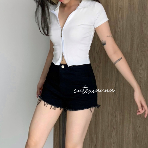 Áo croptop nữ thun gân dày dặn tay ngắn cổ bẻ polo dây kéo thời trang ulzzang năng động, cá tính