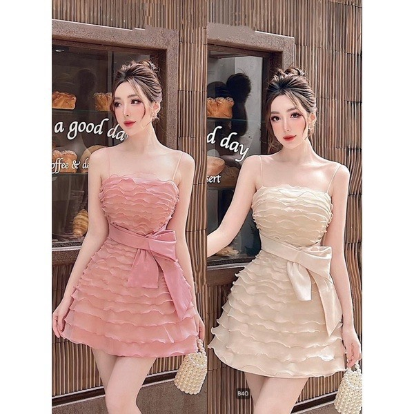 M344 - Đầm dự tiệc hai dây chất tơ óng nhiều tầng thắt nơ eo ngọt ngào (2 màu)