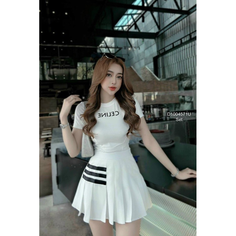 Set áo thun tay con phối chân váy xếp ly viền sọc cá tính VIENS STORE