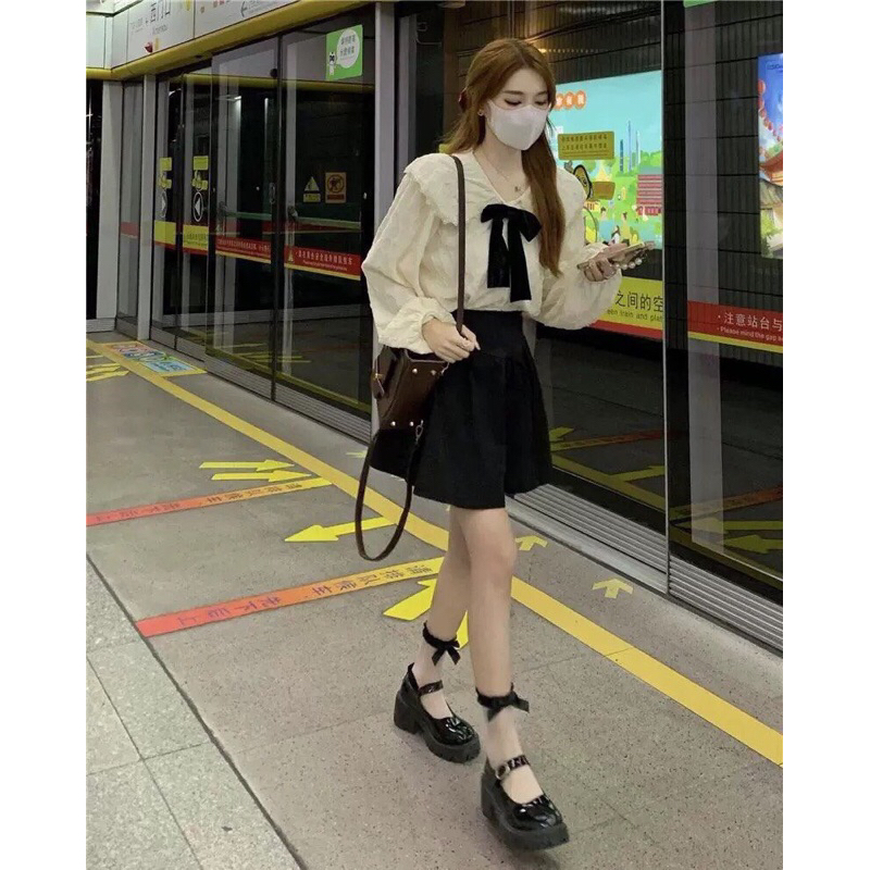 Set sơ mi xốp hoa cổ bèo nơ mix chân váy